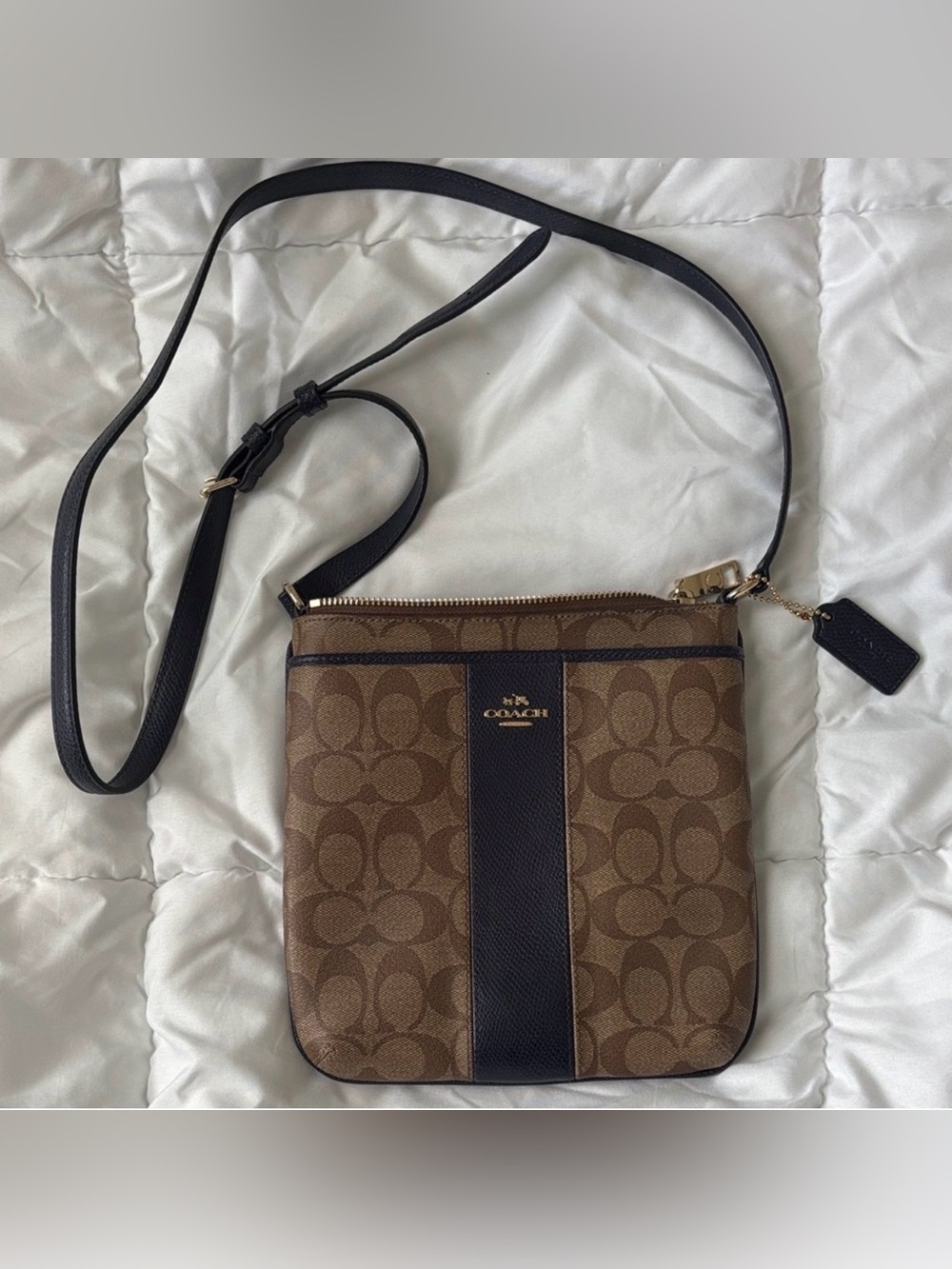 Coach Brown Signature Crossbody with Black Center Panel